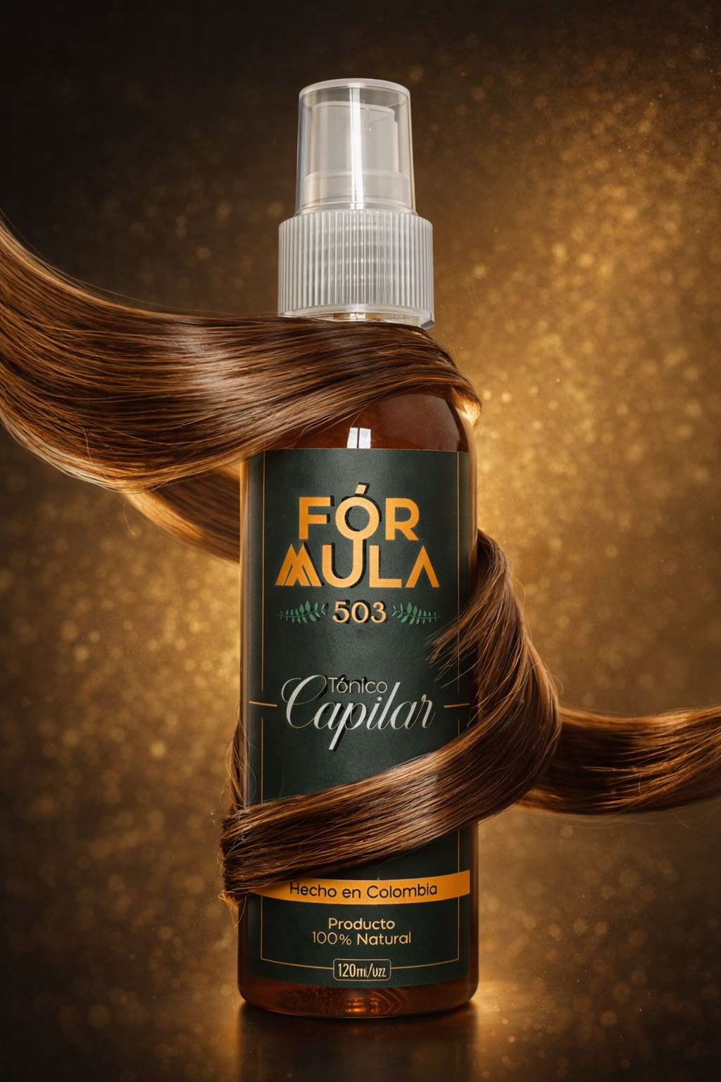 Frasco de tónico capilar Fórmula 503 de 120 ml envuelto en cabello sano y brillante