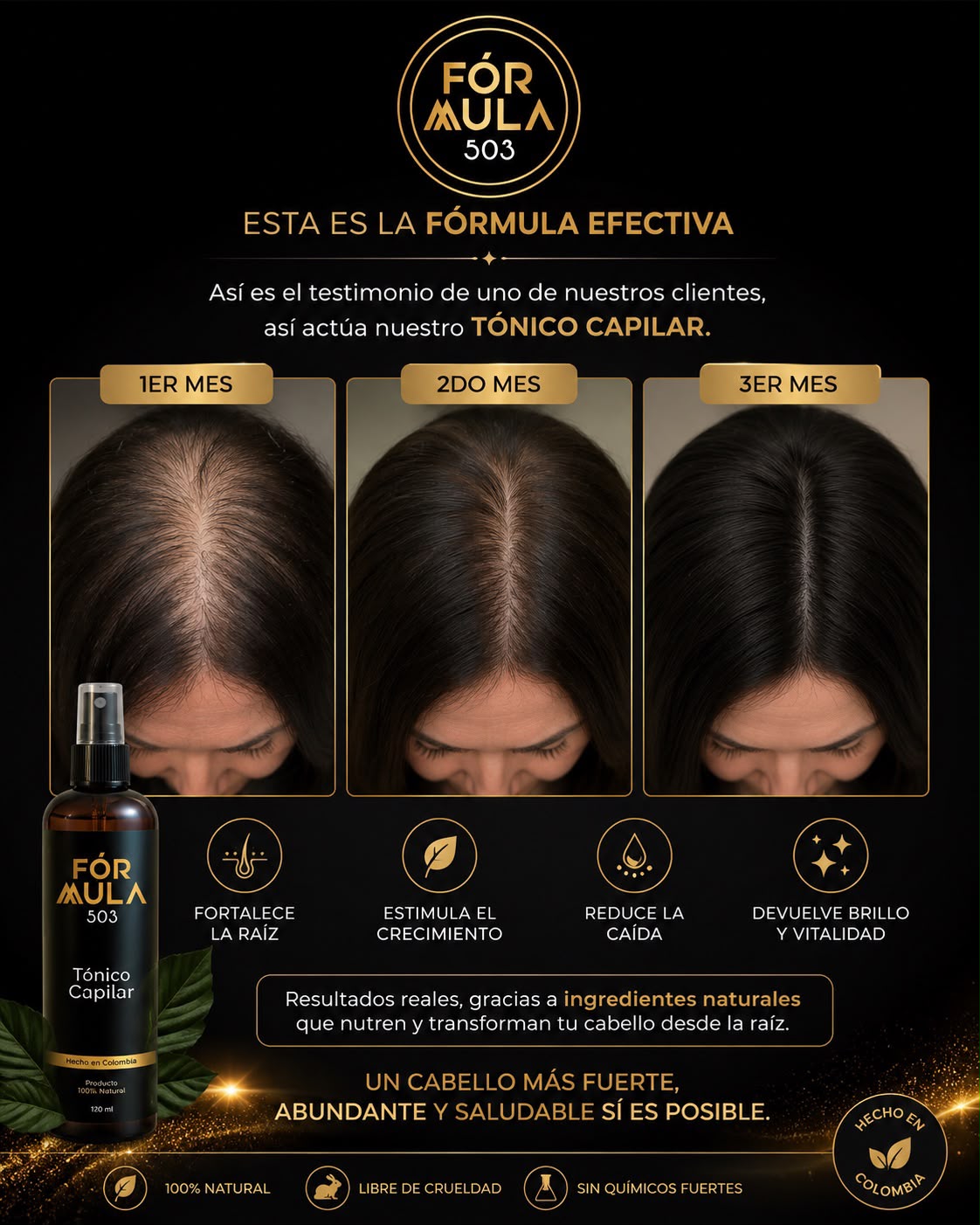 Evolución real del cabello con Fórmula 503 durante el primer, segundo y tercer mes de uso