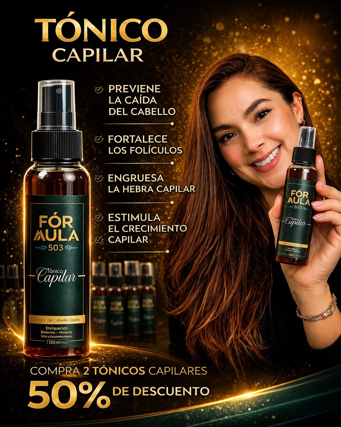 Beneficios del tónico capilar Fórmula 503: previene la caída, fortalece los folículos, engruesa la hebra y estimula el crecimiento